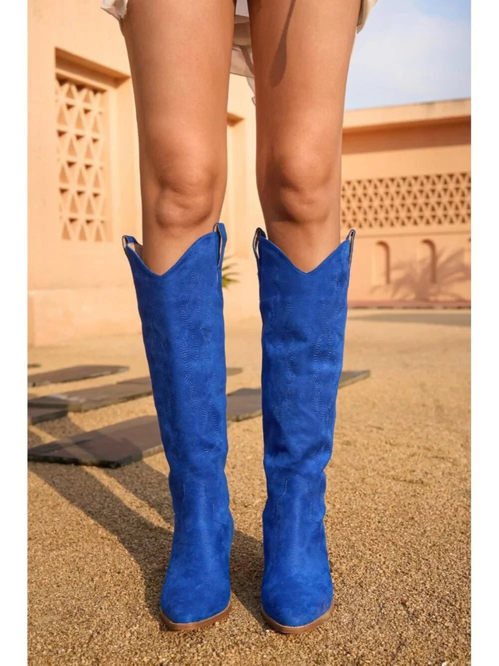 Women's Royal Blue Pointed Toe Faux Leather Block Heel Heel Over The Knee Boots